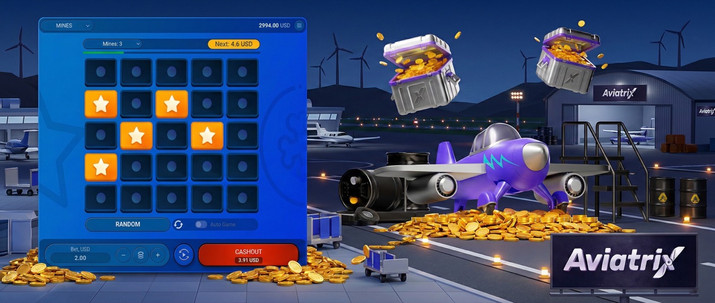 Aviatrix Mines gameplay — 5x5 grid with plane and treasure chests