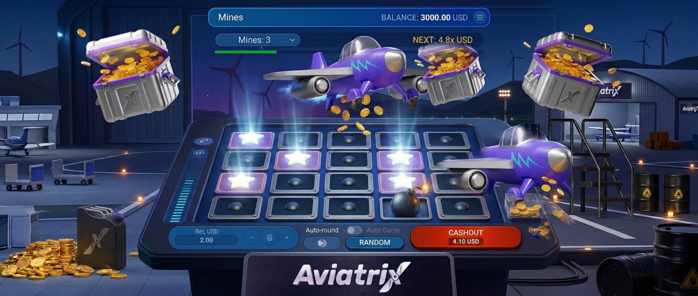 Aviatrix Mines game board — cashout interface and multiplier display
