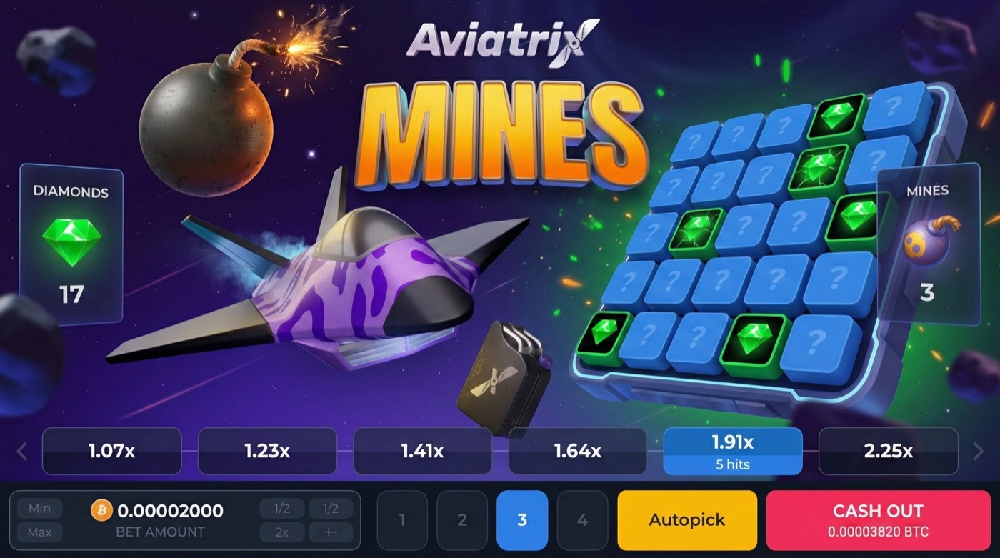 Aviatrix Mines multiplier progression — from 1.07x to 2.25x with diamonds and mines